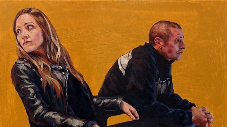 painting of a man and woman sitting next to each other.