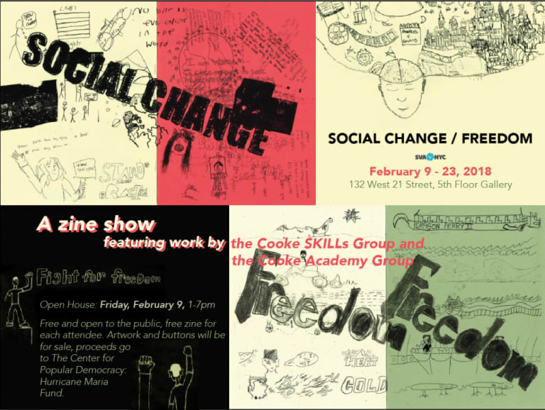 This colorful image is an advertisement for an art showing featuring the Cooke Skills Group and the Cooke Academy Group. SVA NYC is also advertising a conference on Social Change/Freedom.