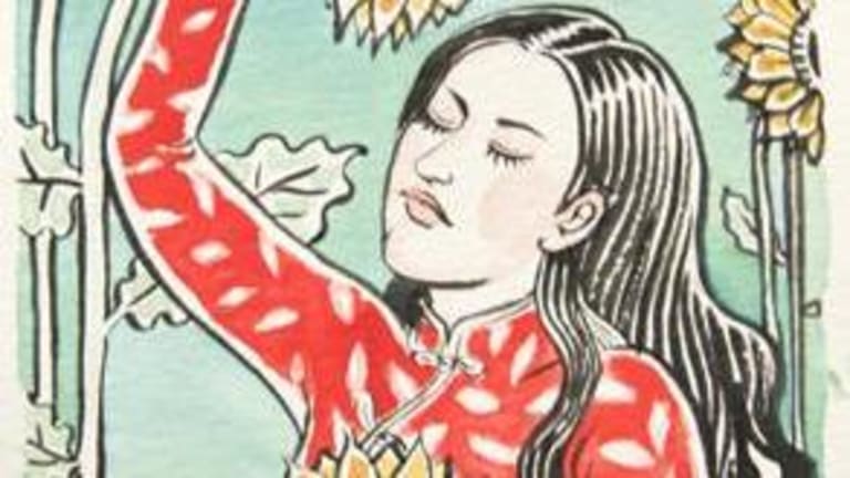 A colored pencil drawing of a woman closing her eyes and a red and white leaf jacket holding sunflower seeds and standing underneath one.