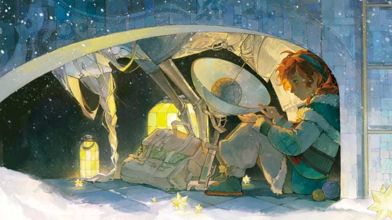  A sits in a snowy atmosphere with lanterns and technology..