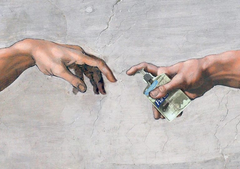 A Michelangeo-inspired illustration of one hand offering hand sanitizer to another hand.