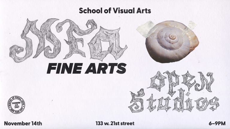 open studios poster featuring an image of a seashell on a white background with the words "MFA Fine Arts Open Studios" in handwritten pencil text 