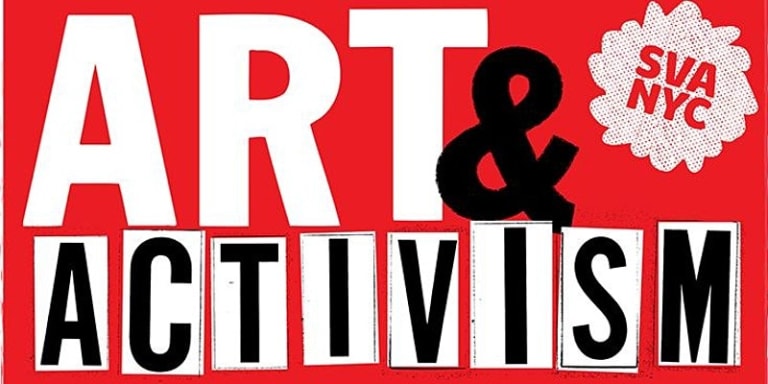 A graphic that reads "Art & Activism SVA NYC". The type is white and black and the background is red