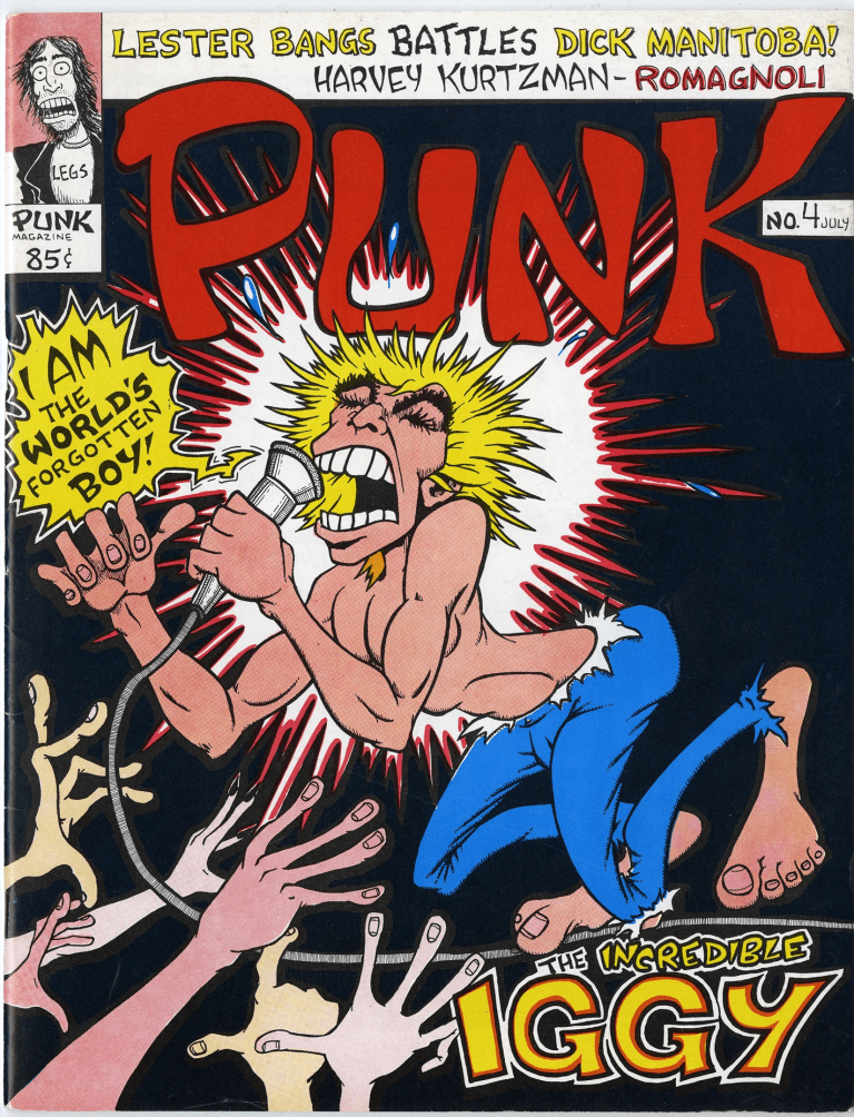 Illustrated cover of a punk magazine depicting a shirtless man passionately singing into a microphone while several hands coming from off the page reach up towards him. He is singing the words "I am the world's forgotten boy" and the text under him reads "The incredible Iggy"