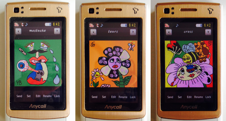 Three pictures of an old smartphone with colorful illustrations on each of them. The first one has a green background and depicts an abstracted face with a big colorful tongue and tears falling from the eyes. the second one has an orange background and depicts a flower with a face looking up at a butterfly. the third one depicts a bee with a honeypot on top of a flower, both the flower and the bees have faces and they're looking at each other fondly. 