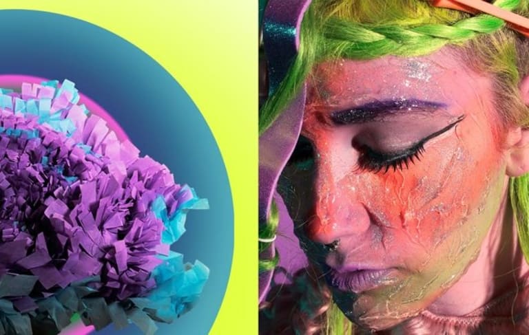 Artwork of a colourful paper display alongside a painted human face.