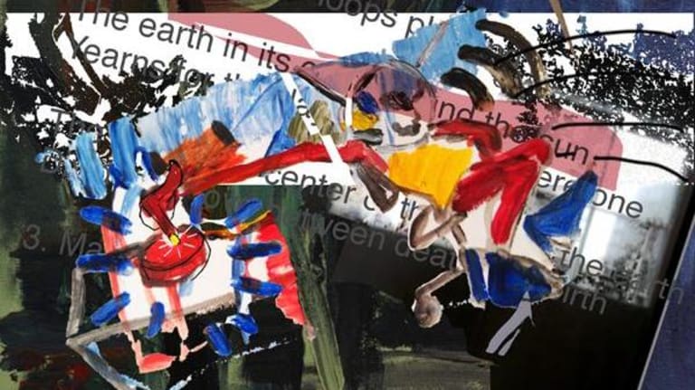 The abstract painting is brightly colored. The word earth is in a collage.