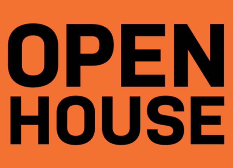The words Open House in black letters with an orange background