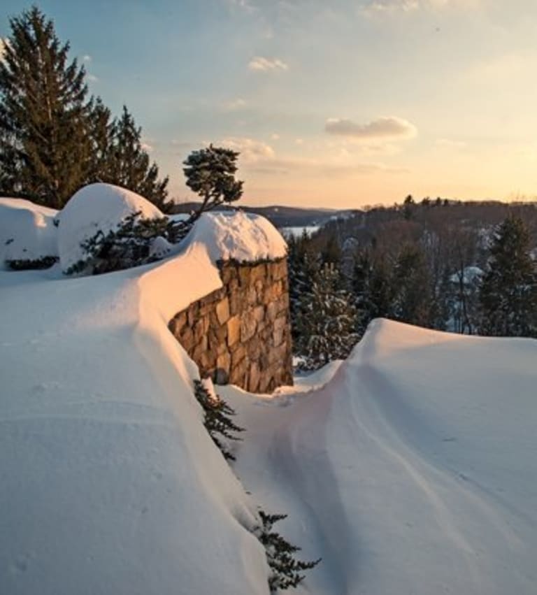 Snow covered foreground looking out over the valley