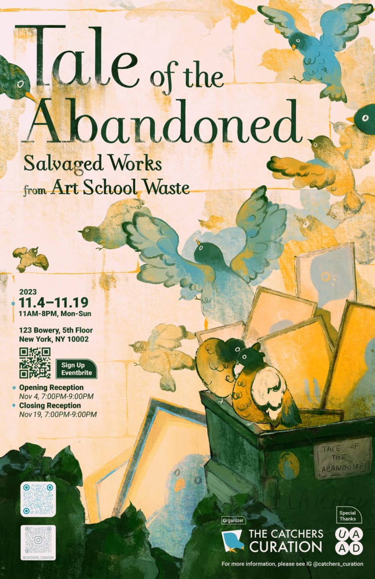 Exhibition invitation with the title and other relevant information presented next to a green and yellow watercolor image of pigeons flying out of a dumpster filled with paintings of pigeons. 