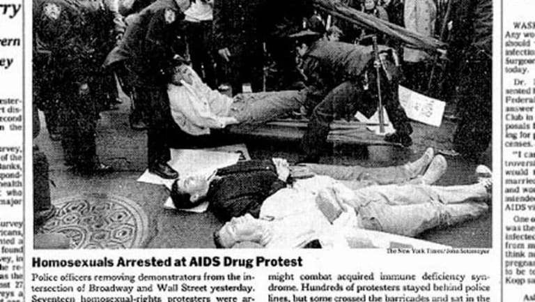 Newspaper clipping of gay activists being arrested at first ACT UP action