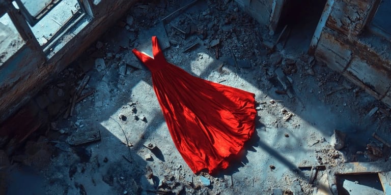 Red dress laying on the floor of a burnt down room