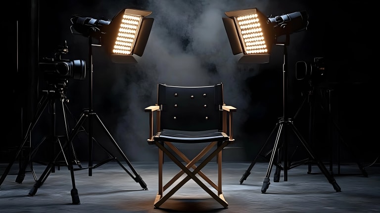 Camera and studio lights pointed at chair