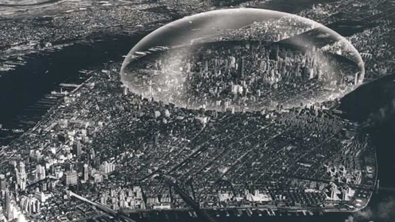 A greyscale view of New York City from overhead with a large bubble centered over part of the city.