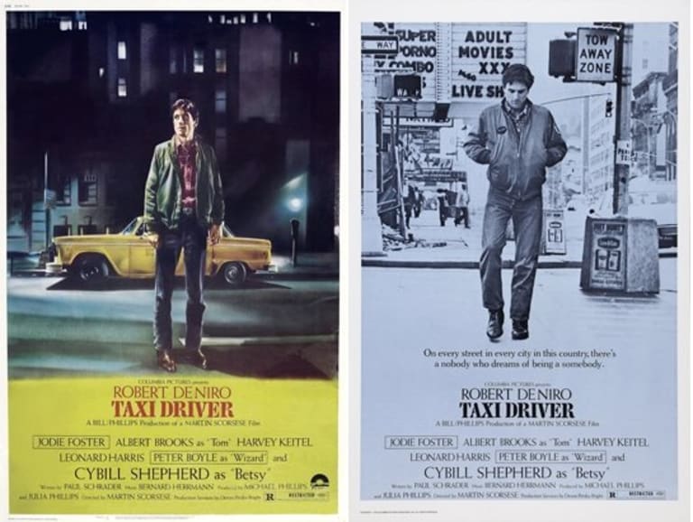 Two movie posters for "Taxi Driver," featuring Robert Deniro.