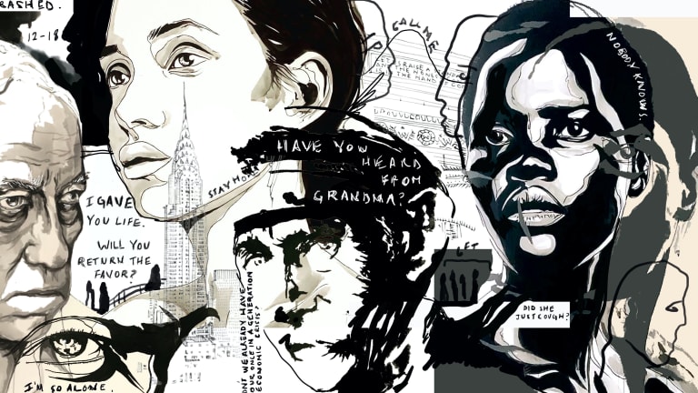 Here is a black, white, gray vignette drawing of historical figures immersed in text and Manhattan imagery. 