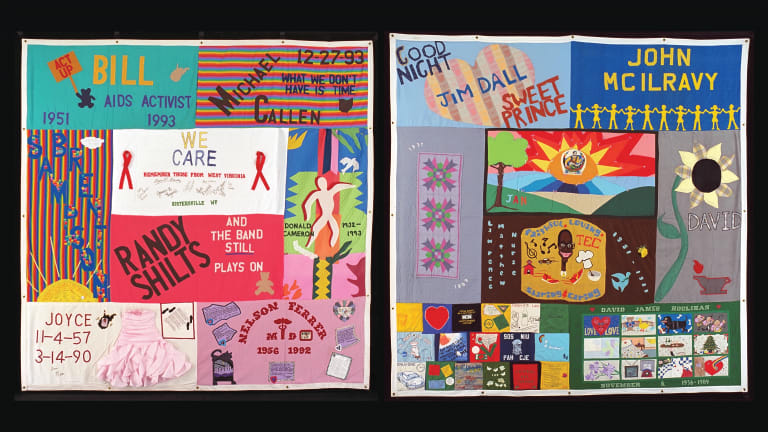 Image showing two blocks of AIDS quilts comprised each of eight quilt panels.