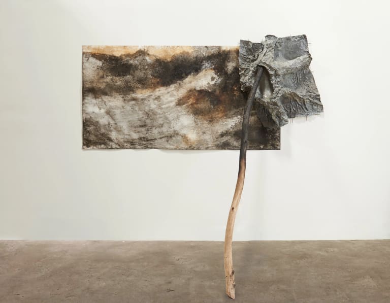 Athena LaTocha Winterkill, 2018-19 Shellac ink, synthetic walnut ink, and earth on paper, lead, burnt wood, steel 90 x 101 1/2 x 58 inches © Athena LaTocha Eiteljorg Museum