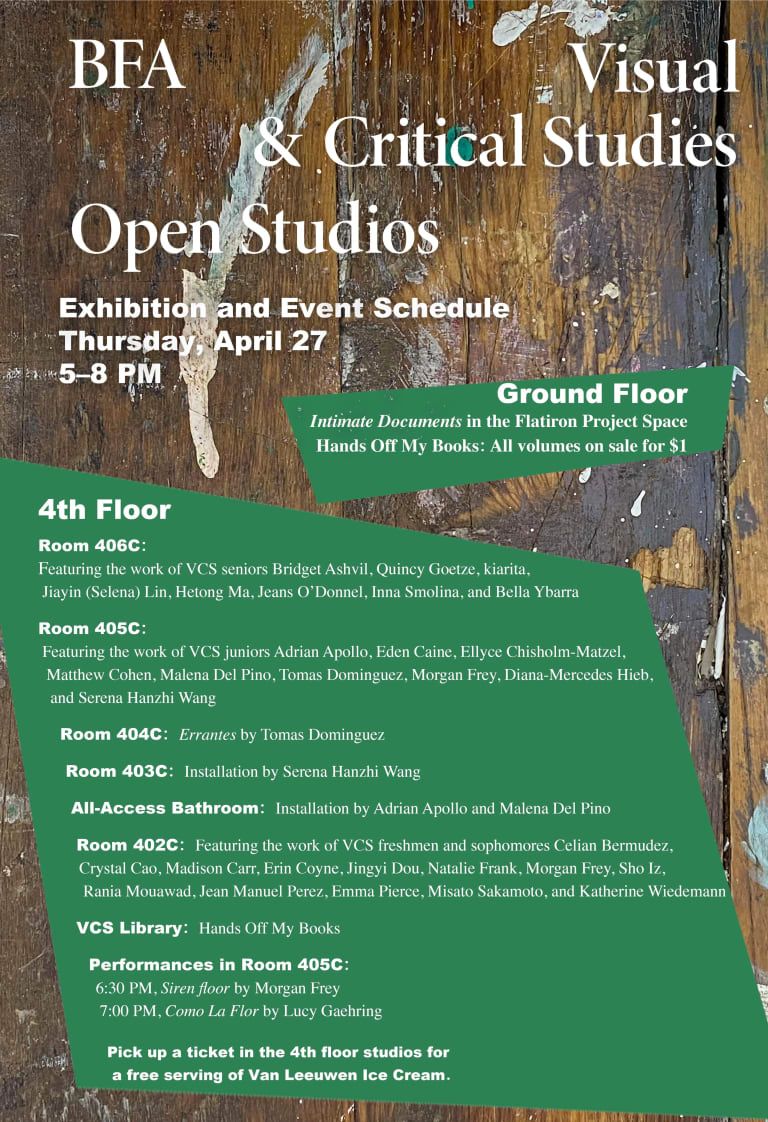 A poster for the VCS open studios showing the complete schedule of events for the evening