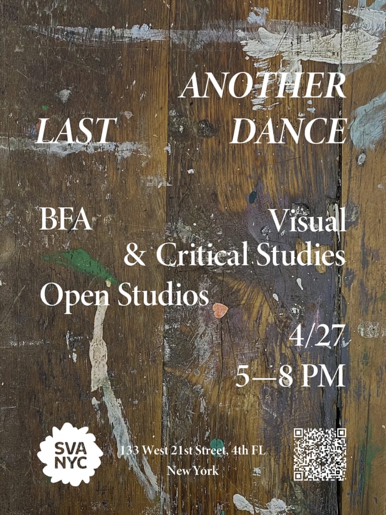 Poster with text including details for open studios event. Text is white and the background is an old, wooden floor with splattered paint.