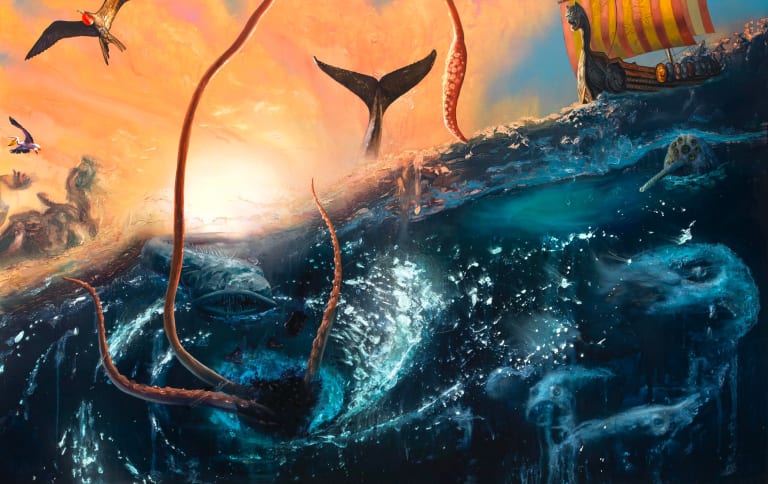 Painting of a strong wave in the ocean with tentacles and whale tails breaching the surface. A ship sails in the background.