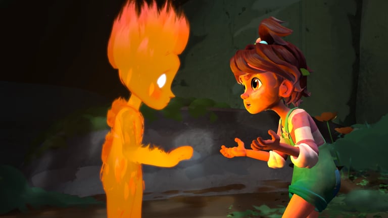 3d animation of a little girl speaking to another person, who seems to be made of fire.