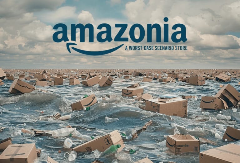 Amazonia: A Worst-Case Scenario Pop-up Store logo over a sea of packages.