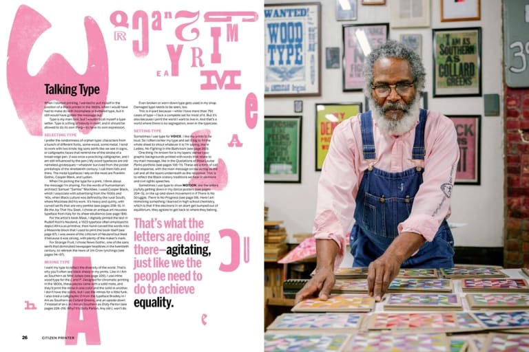 A spread from Kennedy's monograph Citizen Printer, with the left page featuring text titled "Talking Type" and the opposite page featuring a picture of Kennedy in his printshop.