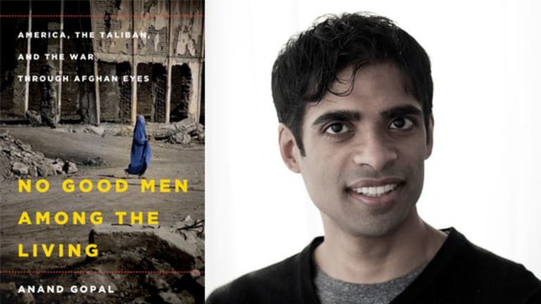 A composite image with a headshot of Anand Gopal on the right, and the cover of his book No Good Men Among The Living on the left