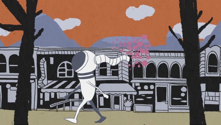 Illustrated character wearing a space suit looking attire with a helmet and a tube that has little pink bubbles coming out.  Character is walking down a street with grey and black illustrated building in the background and trees on the left and right side of the image.