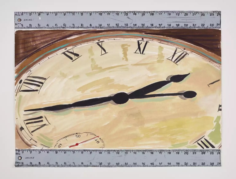 Close-up painting of a clock face with Roman numerals, with paintings of metal rulers above and below the image of the clock face