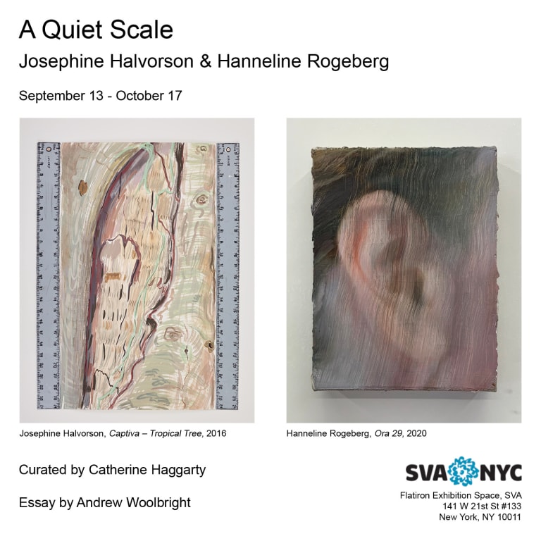 Flyer for the exhibition "A Quiet Scale" featuring images of a painting by Josephine Halvorson or a barkline image flanked by two metal rulers, and a painting by Hanneline Rogenberg of a close-up view of a human ear.