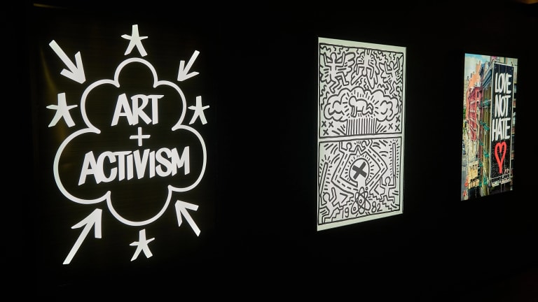 Limited edition Art & Activism logo by Eric Haze; Collaged Keith Haring artwork, compliments of the Keith Haring Foundation; “Love Not Hate” by Eric Haze
