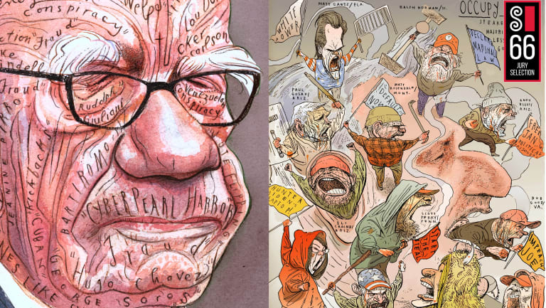 Illustration of man's face on left with glasses and grimace. Text is drawn all over his face. On the right there are 12 figures arranged around and on top of a man's face. They are holding flags with text.