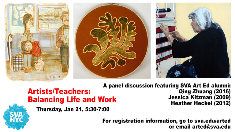 A promotional image for MAT Art Education's event "Artists/Teachers: Balancing Life and Work." It features the event details as well as three pieces of art. One is an illustration of a parent and child on the subway, one is a sort of pendant and one is a painting of a person weaving thread.
