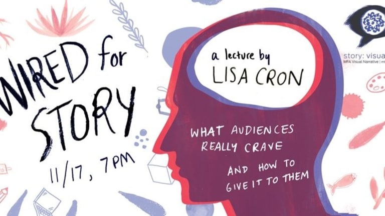 A poster with many blue and red illustrations advertises a lecture by Lisa Cron called "Wired for a Story."