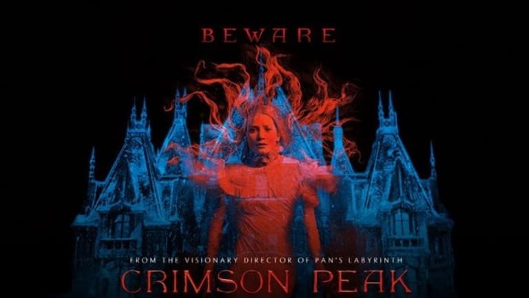 A woman appears on fire in front of a blue mansion. Crimson Peak is written on the image.