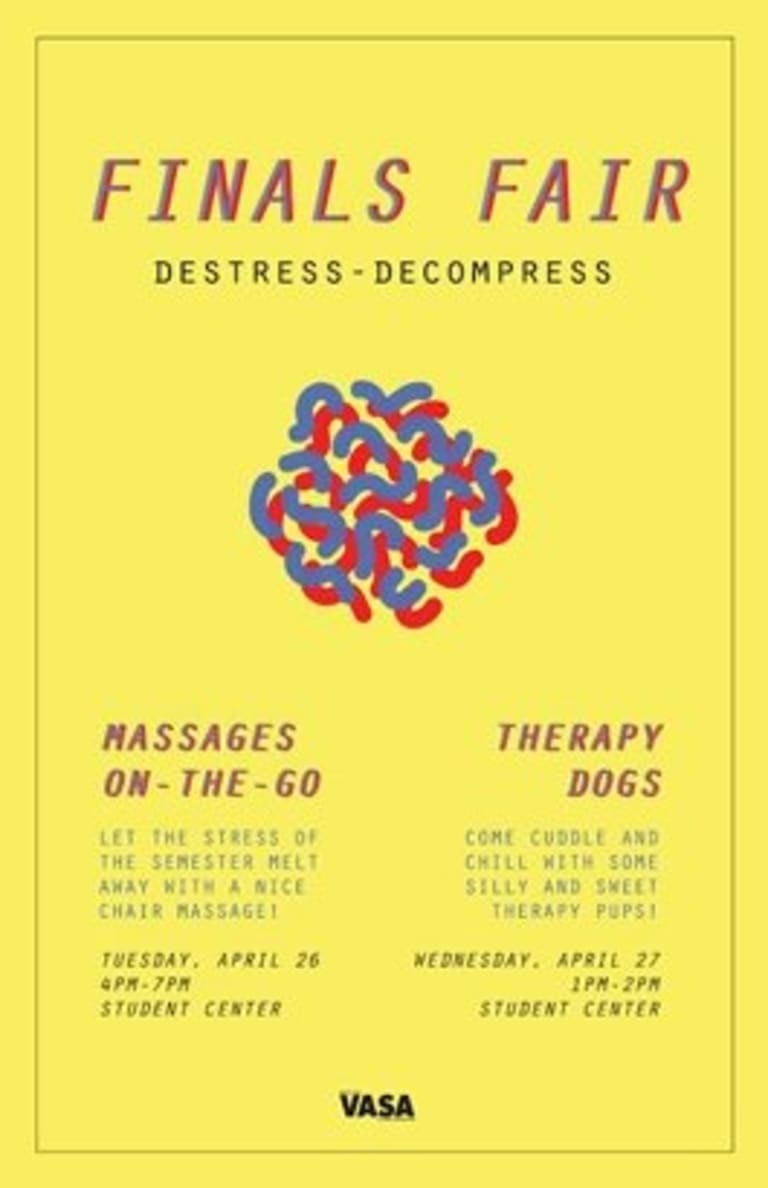 Finals Fair poster features Massages on the go and therapy dogs.