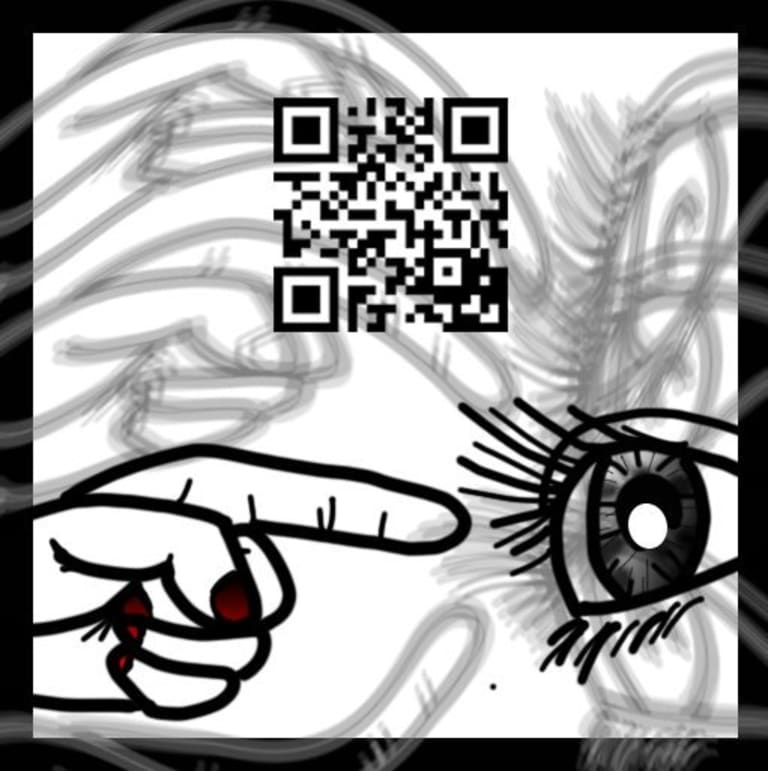 Graphic with a QR code, an image of a finger pointing, and an eye.