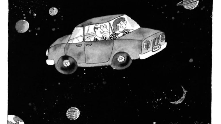 Car with two people leaving the orbit of the Earth with smiles on their faces