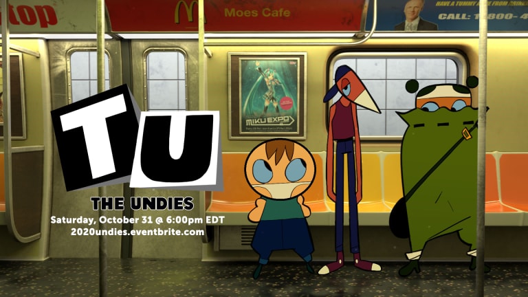Three cartoon characters stand in a New York City subway car. Next to them is a graphic of a T and a U. Under the graphic are the event details