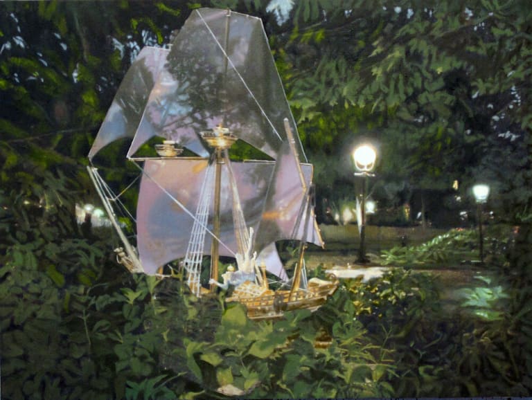 A painting by Leigh Behnke showing a crystalline sailing ship in a luch green garden