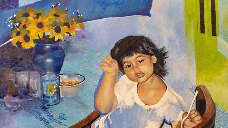 Painting of a young girl sitting in a chair surrounded by various color fields of blue. On the table to her left is a vase containing sunflowers.