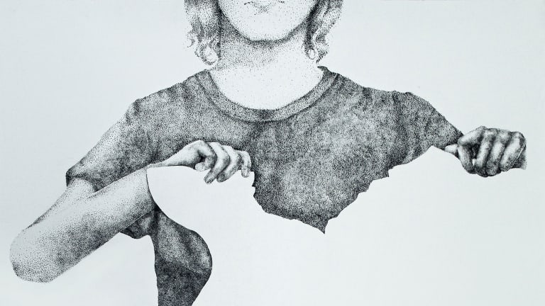Black and white stipple drawing of a person with light skin and shoulder-length light hair in a t-shirt ripping a piece of paper. 
