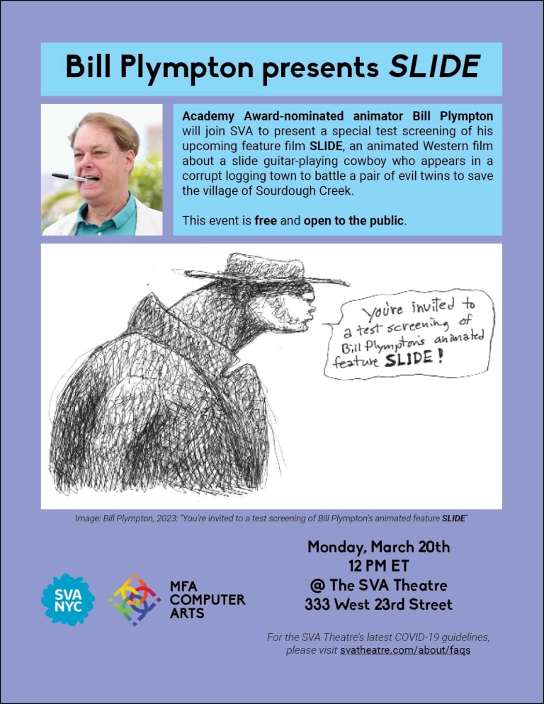 Poster with details of the test screening for Bill Plympton's film SLIDE with a sketch of the main character and a headshot of Mr. Plympton