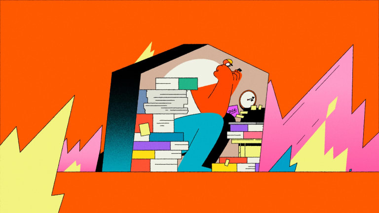 A brightly animated still of a young person crouched over in a house filled with books by Hannah Sun.