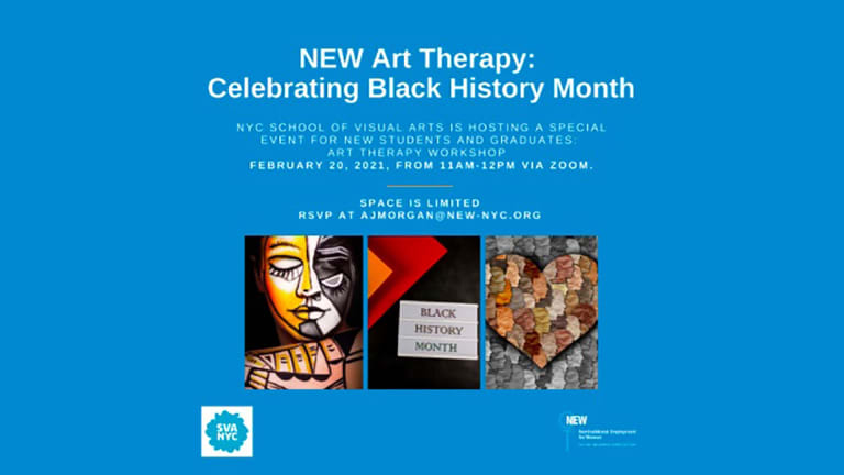 Flyer announcing the special project to N.E.W. participants including three images: 1) An outline of a face and fist painted in a graphic style in yellow, black, and white. 2)Assorted colored papers laying on a black surface next to a card that reads "Black History Month." 3) Layered facial profiles around and inside a hear shape. The figures outside of the heart are in grayscale, the figures inside of the heart are in flesh tones.