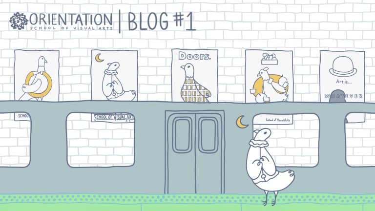 A header image, titled "Orientation, School of Visual Arts | Blog #1” on a brick-patterned background.  Below the text is a simplistic background of a subway car, with stylized posters of pigeons behind it. A pigeon wearing a ruffed collar stands inside the subway train.