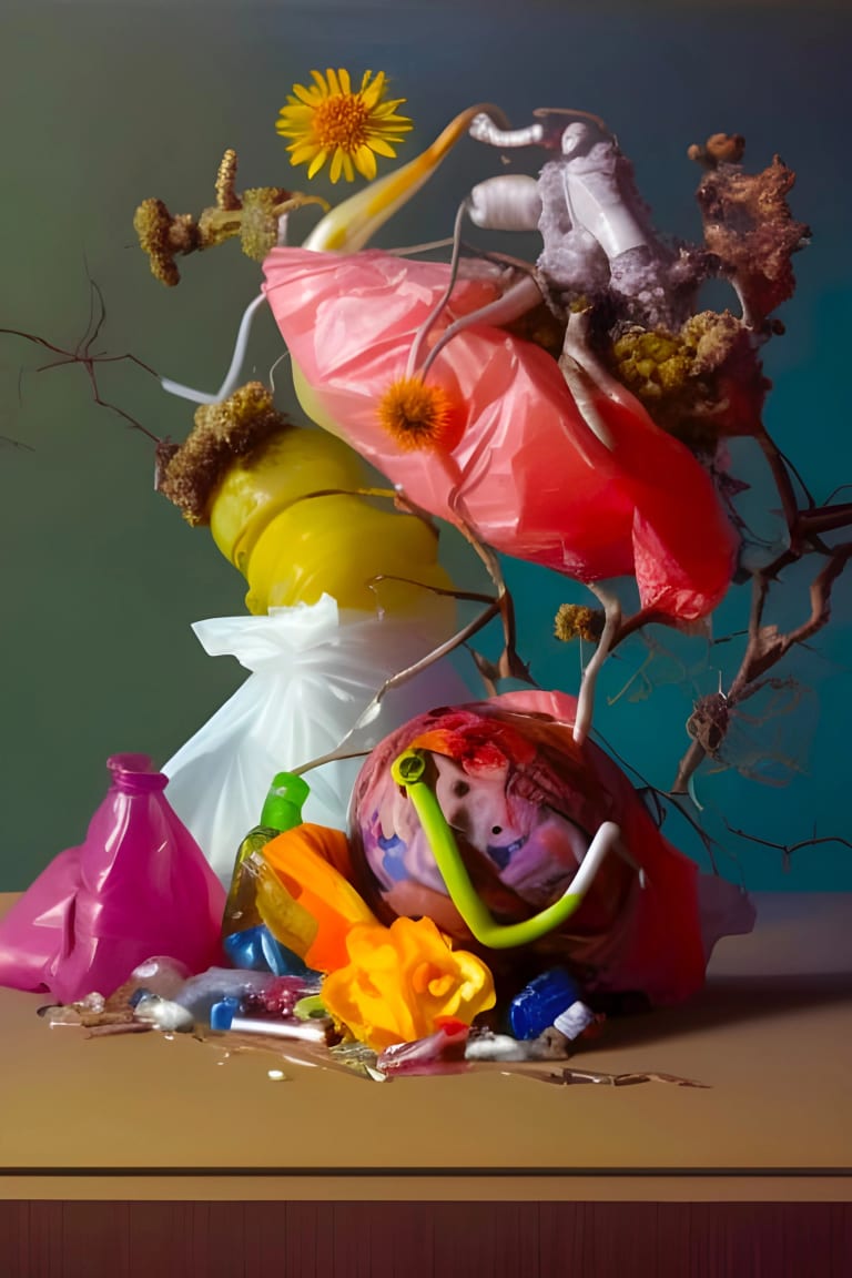 Sculpturally arranged still life consisting of synthetic and natural elements, such as a crushed magenta funnel, yellow dandelion, dead branch, and pink plastic bag.