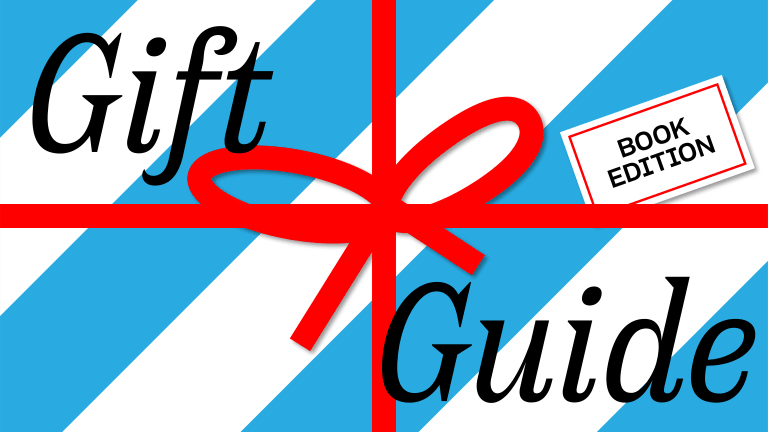 Graphic reading "Gift Guide: Book Edition" on a striped blue and white background wrapped in a bow